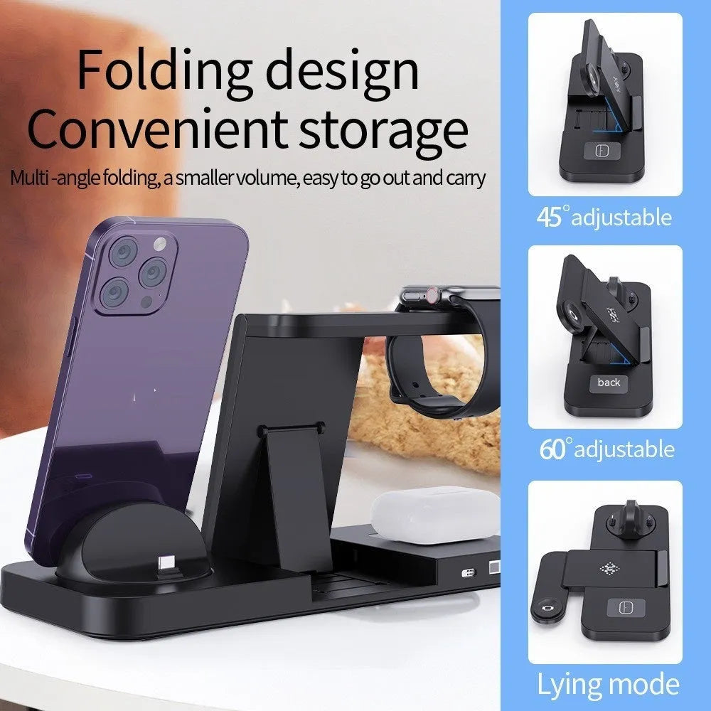 Three-in-one wireless charger with rotating stand for phone headset watch in white finish