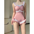 Women's one-piece milk silk swimsuit in solid pink colour with sleeveless design