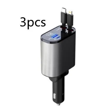 Metal car charger 100W with retractable cable and adjustable head on black background