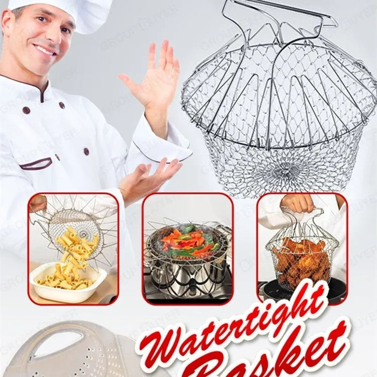 Stainless steel foldable deep fry basket with handle, 23cm size, on a kitchen counter