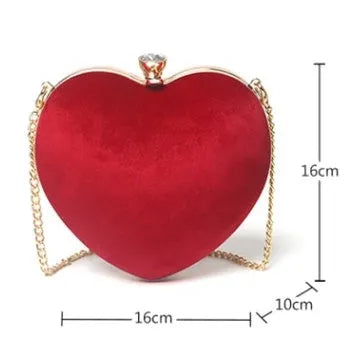 Small heart-shaped plush cotton chain bag with hook closure and card pocket, available in red light grey black and pink
