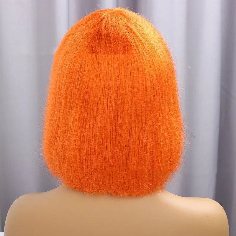 Real hair short straight wig with Qi bangs and full mechanism cap in 10 inch length on a mannequin head