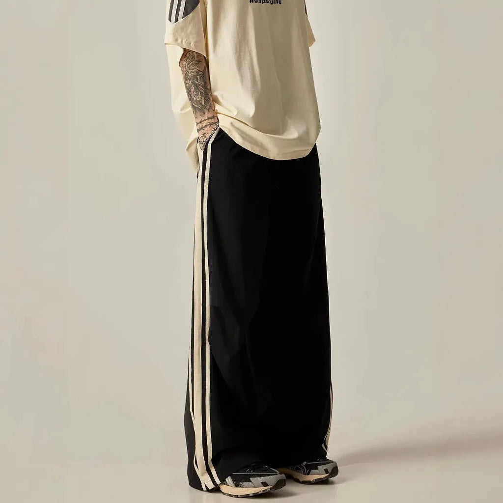 Black men's wide leg climbing trousers with high waistband and straight-leg casual design