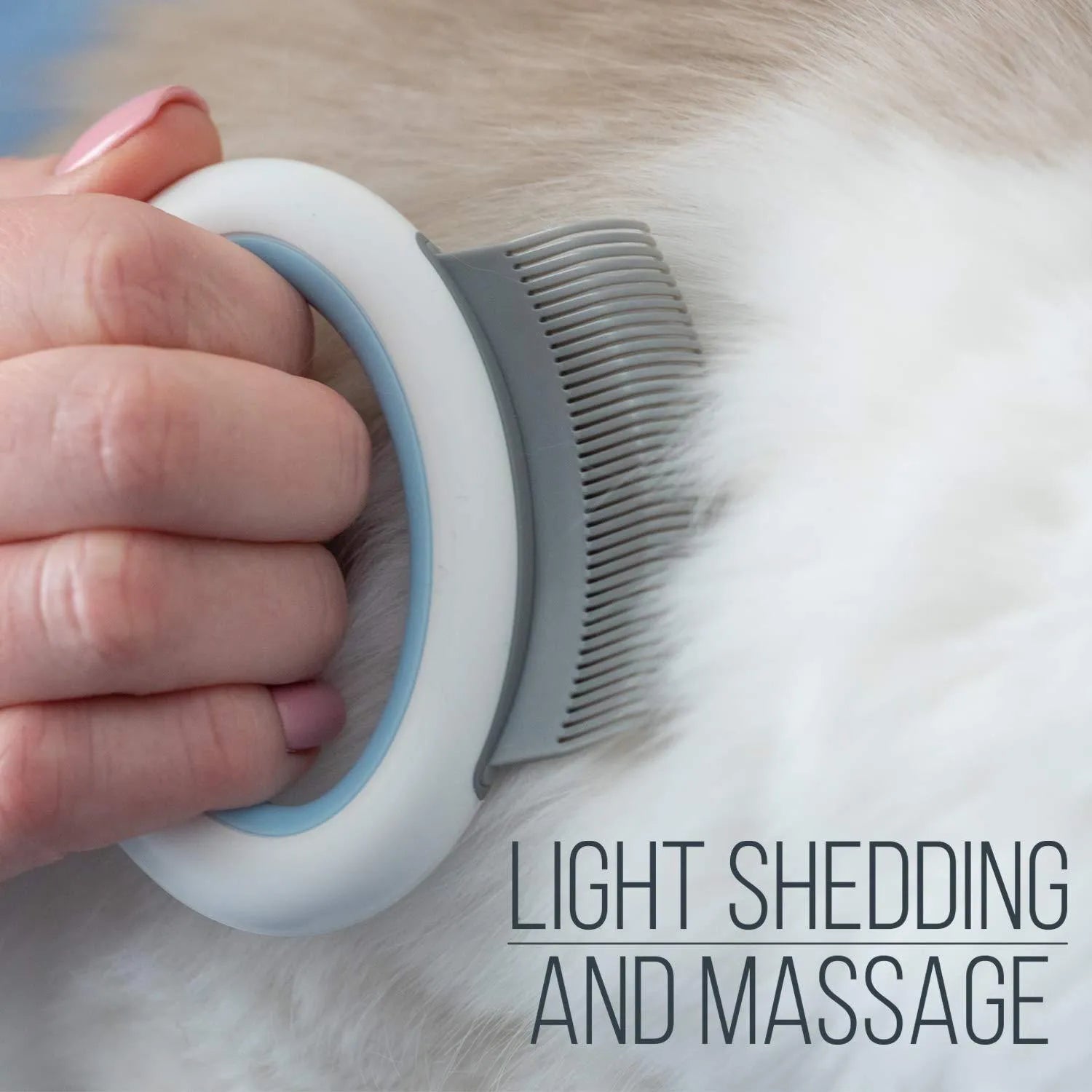 Blue plastic pet grooming comb for deshedding and dematting cat and dog hair.
