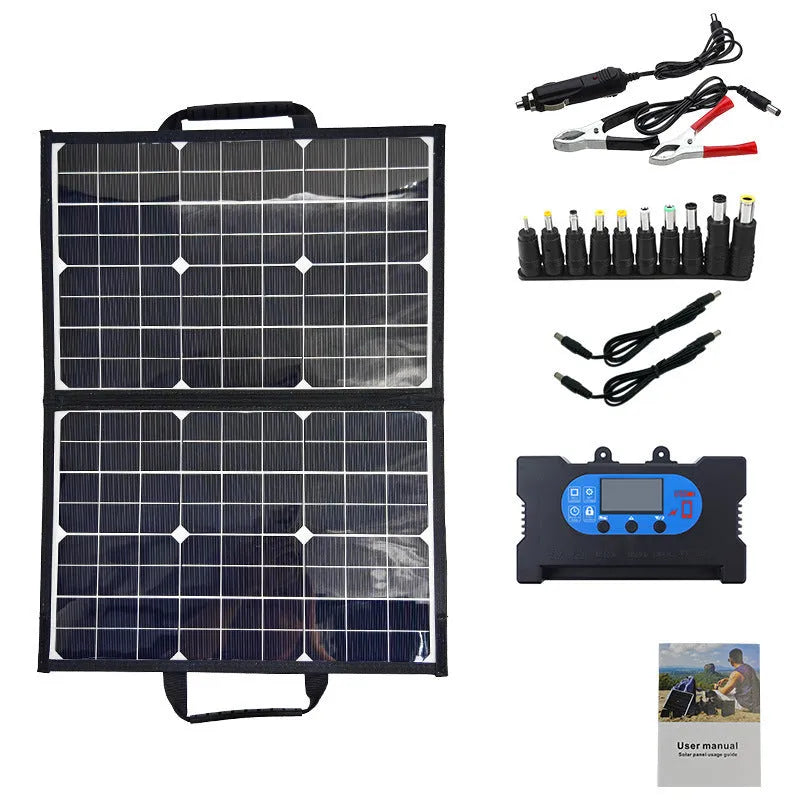 Black 40W single crystal solar folding panel showing compact folded size.