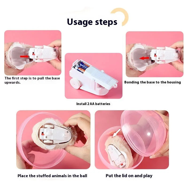 Hamster rolling ball toy set with transparent plastic sphere, plush shell in beige, and battery base on a floor
