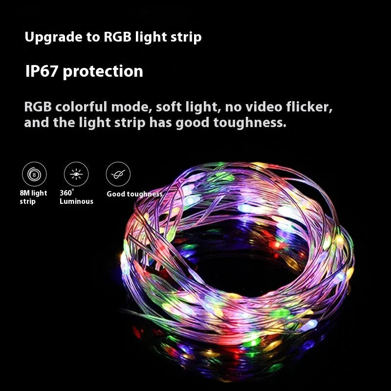 Rechargeable 8-metre 30-LED outdoor tent string light with warm and colourful light modes