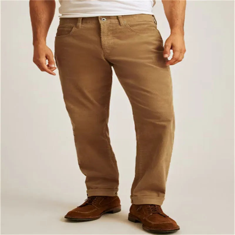 Cotton blend corduroy straight-leg trousers in green, army green, white, and khaki colours