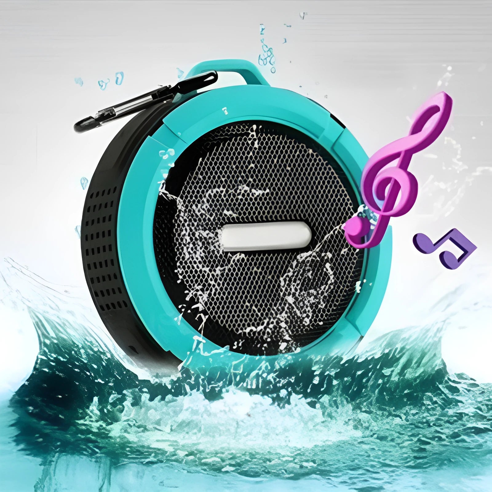 Portable waterproof Bluetooth stereo speaker in plastic housing with mountaineering buckle, available in multiple colours