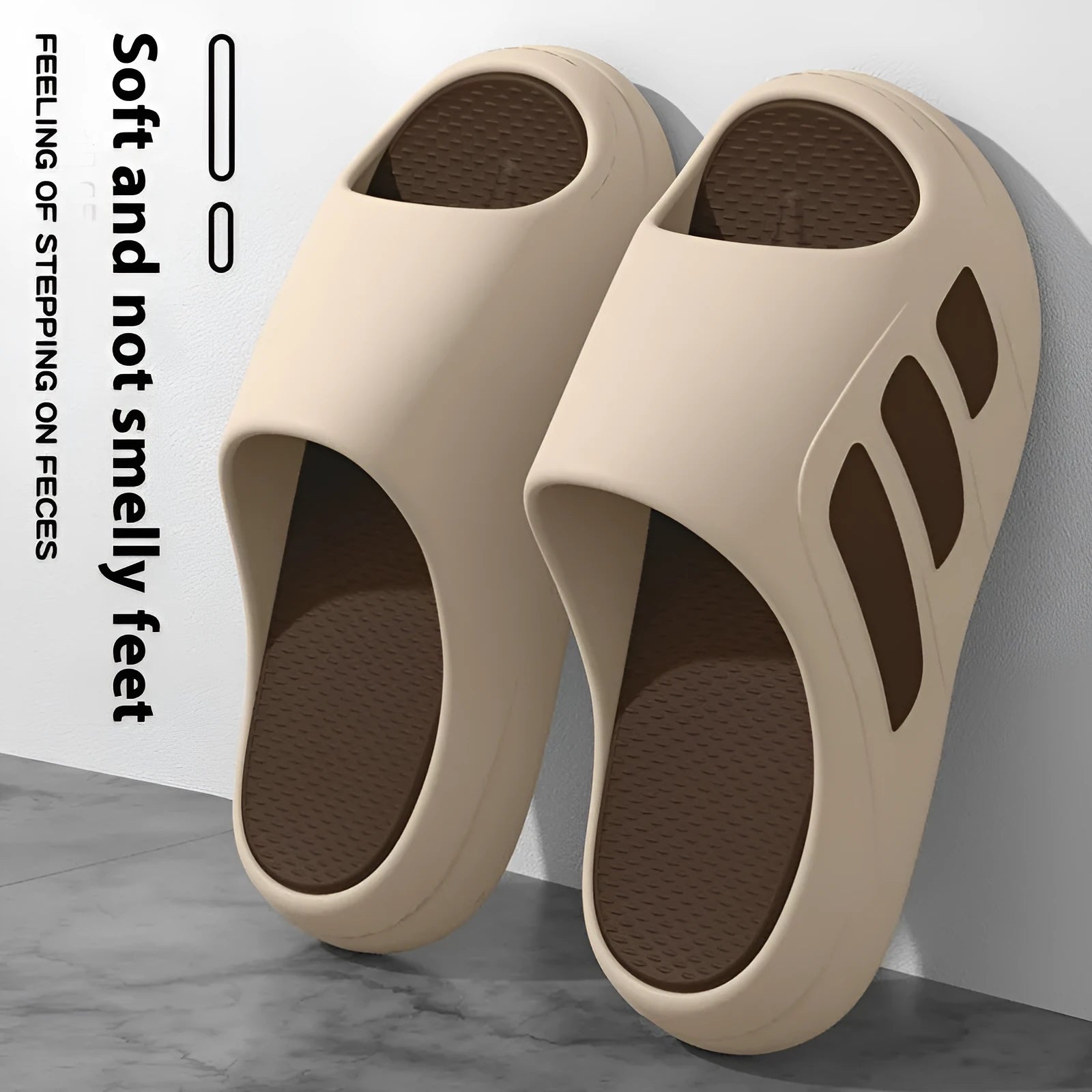 Brown and two-tone EVA platform slippers for men and women with size guide information