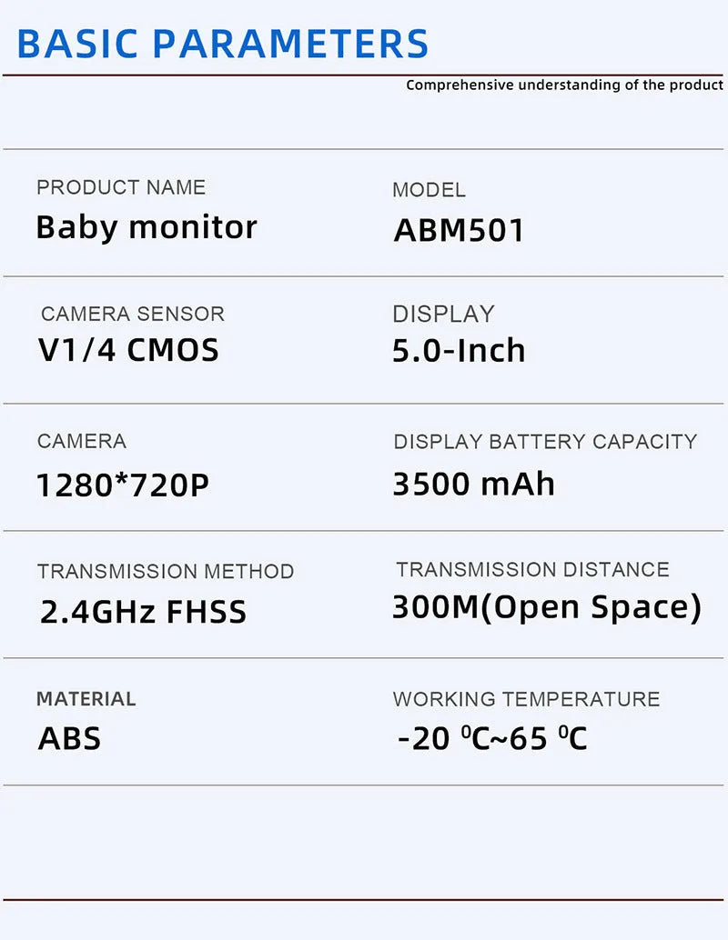 White HD wireless baby monitor with 5.0-inch LCD screen and camera on a nursery shelf