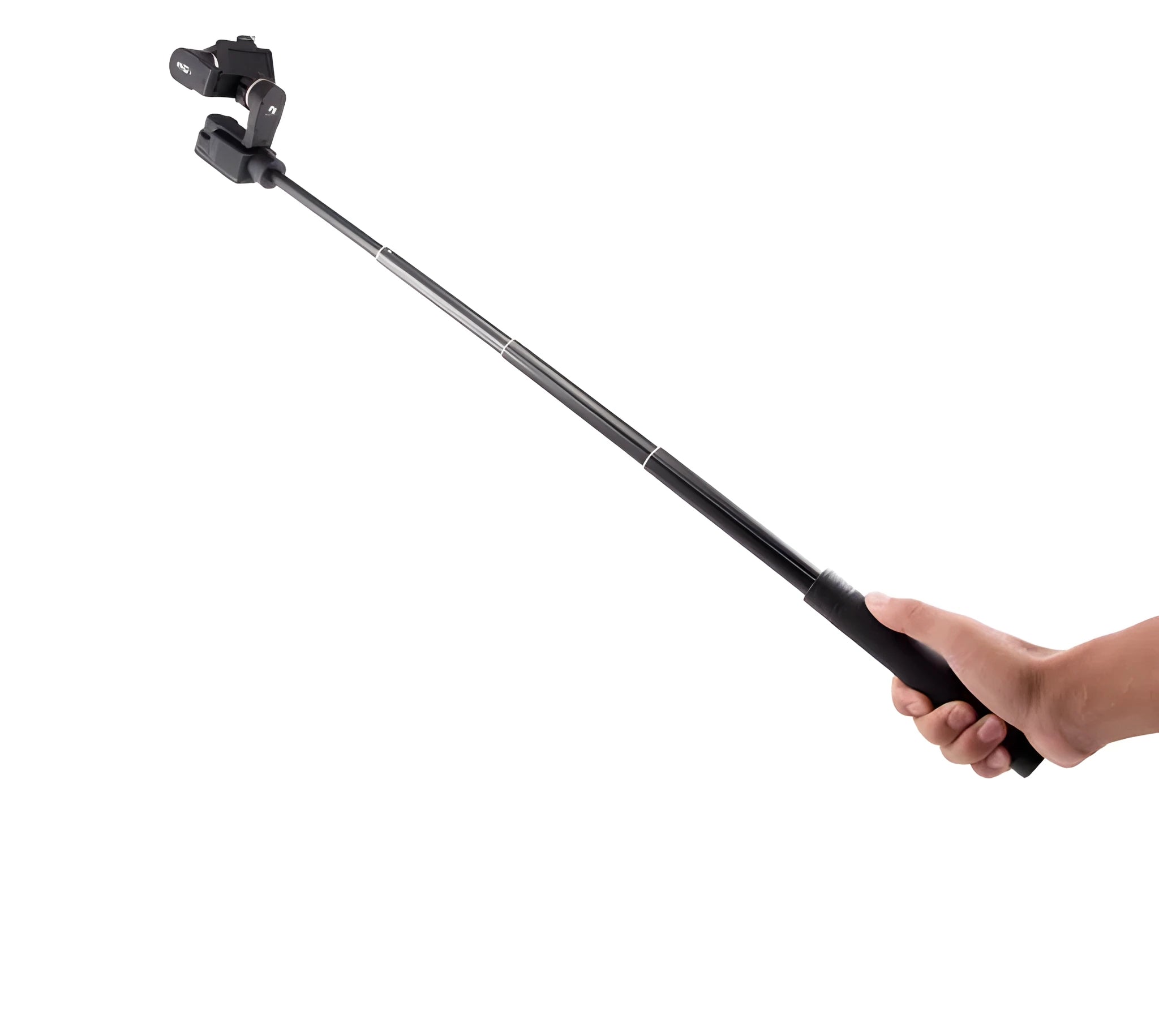 Black retractable selfie stick extended to show telescopic sections for phone photography.