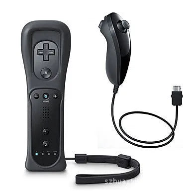 Wii left and right wireless gamepad controller set with rubber sleeve on right-hand unit, shown in multiple colour options.