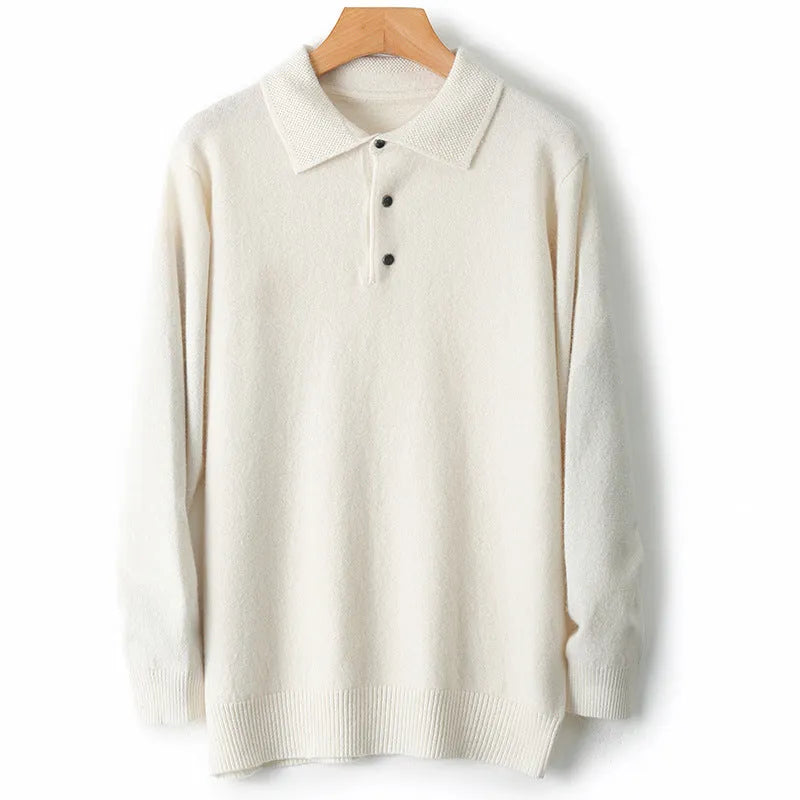 Men's grey woolen pullover sweater with a polo collar, shown on a model.