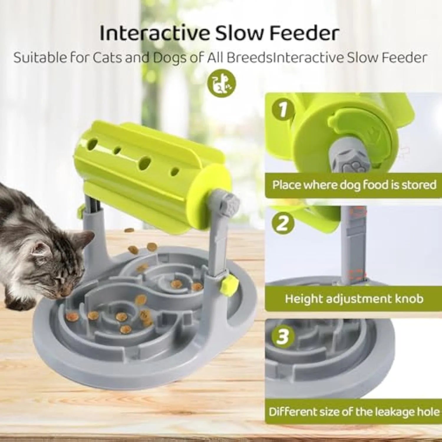 Adjustable height interactive slow feeder bowl puzzle toy for dogs and cats in blue green or pink