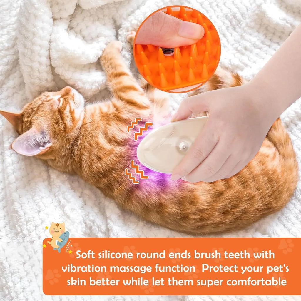 Yellow 4-in-1 cat steam brush with water spray, vibration massage, and ringworm detector for pet grooming