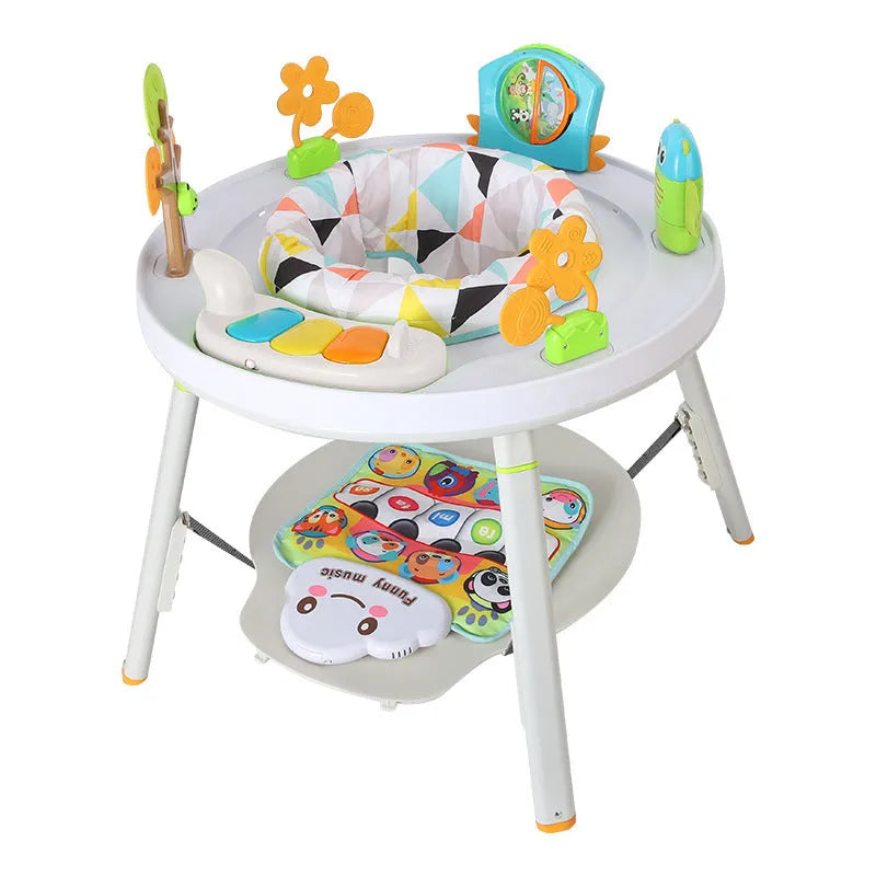 Baby in three-in-one jumper seat with duck design, bouncing with interactive toys