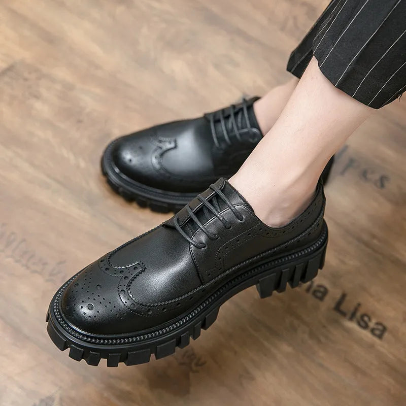Men's classic black and brown brogue Oxford shoes with round toe and perforated detailing for formal business wear.