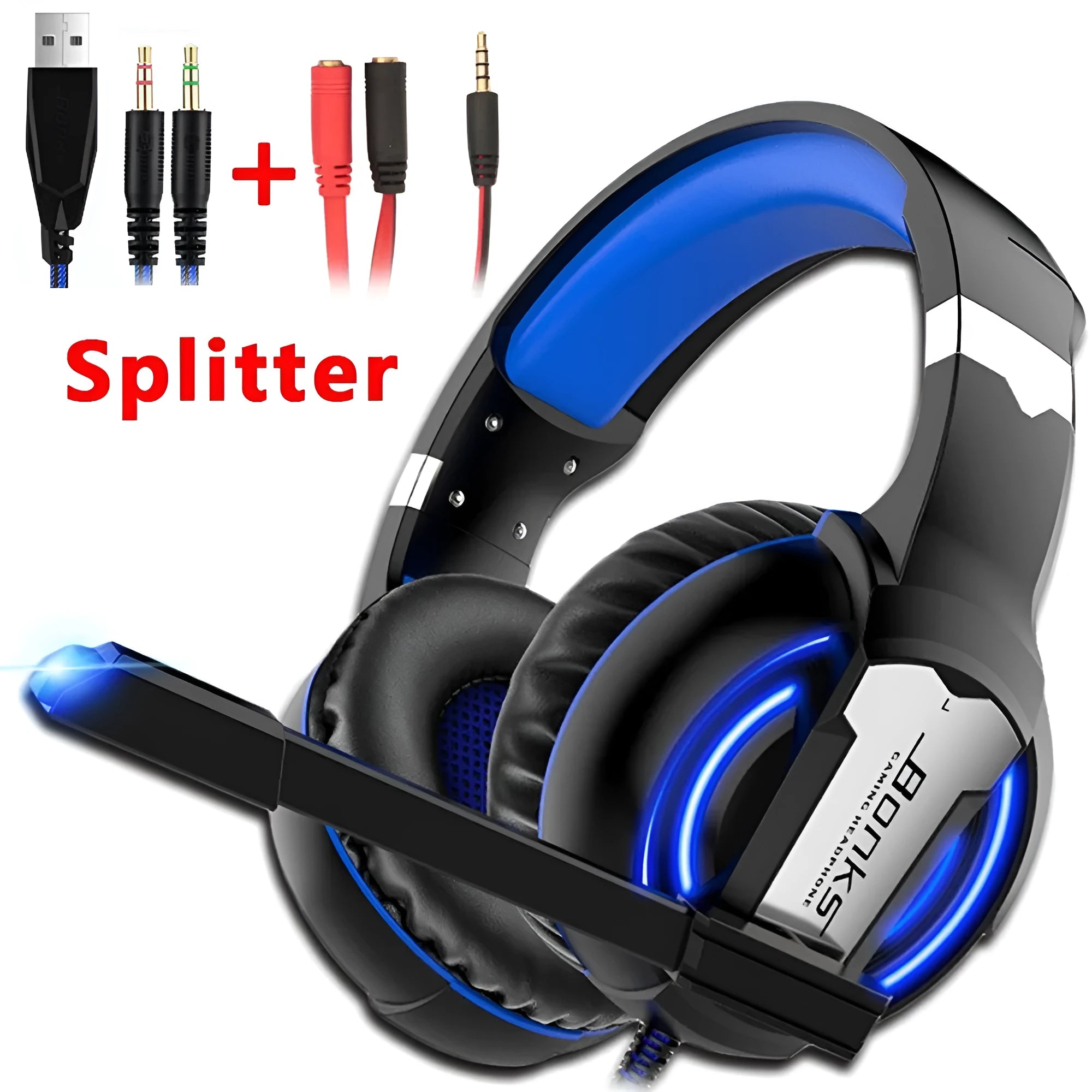 Wired gaming headset with microphone, over-ear design, available in Blue or Red, with 3.5mm plug