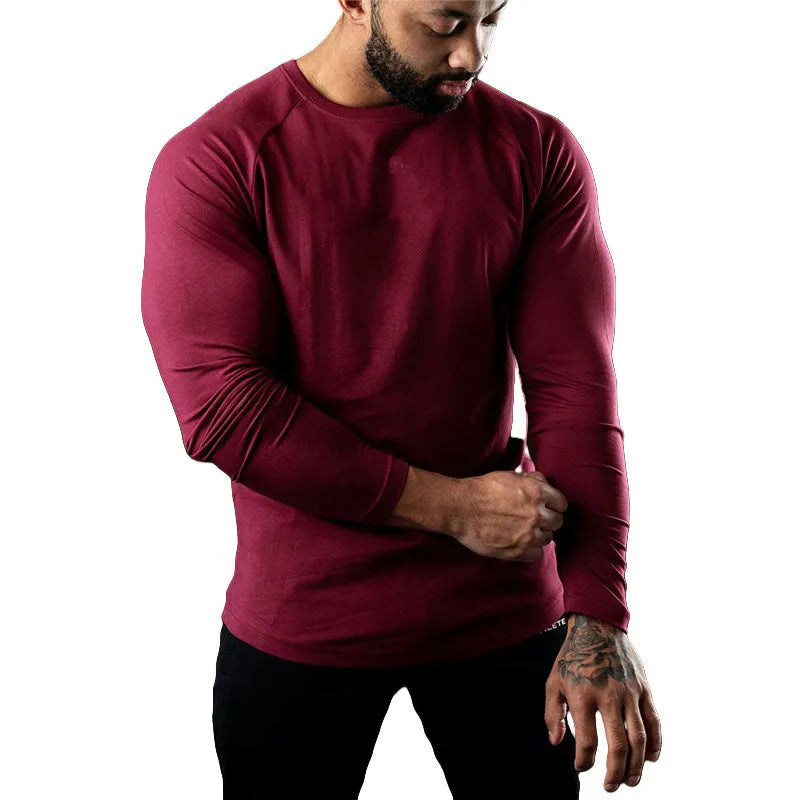 Men's long sleeve tight cotton sports t-shirt in army green, round neck, quick-dry exercise top