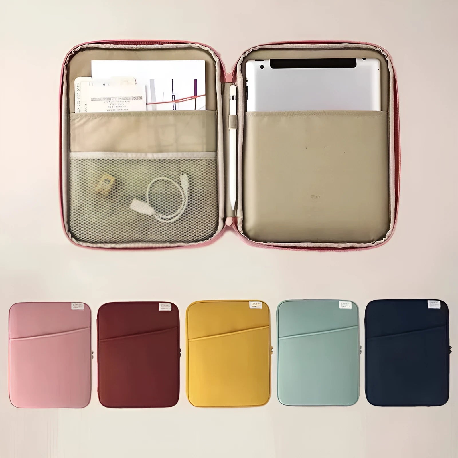 Creative Simple Solid Colour Nylon Tablet Bag Zipper Closure Dark Blue Pink Red Yellow 11 13 Inch