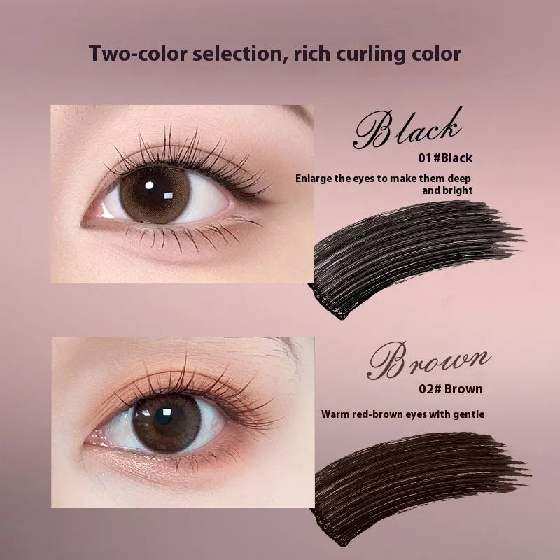 Long curling mascara tube in black and brown colour options