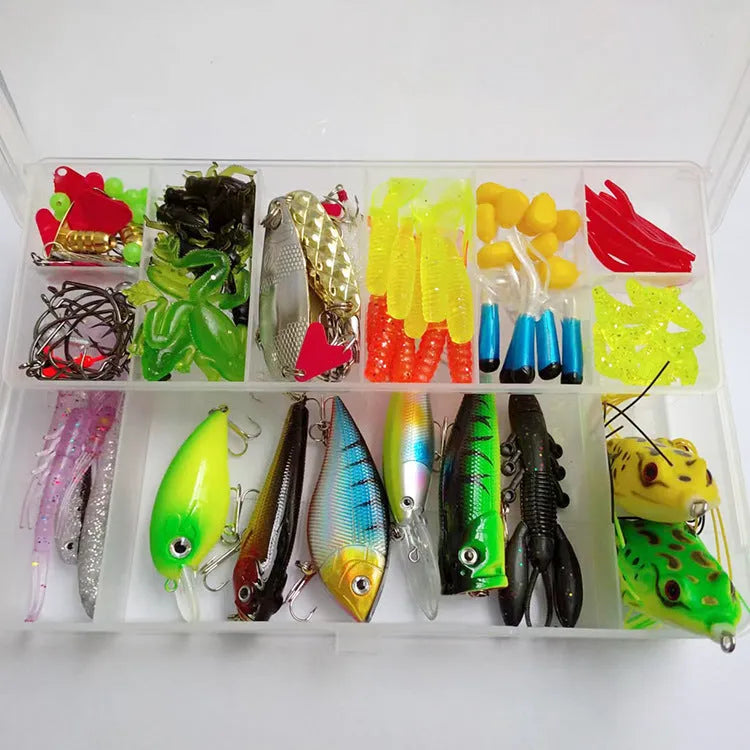 142-piece fishing lure suit showing hard minnow lures with sequins, fishing pliers, metal and plastic lures, and assorted fishhooks