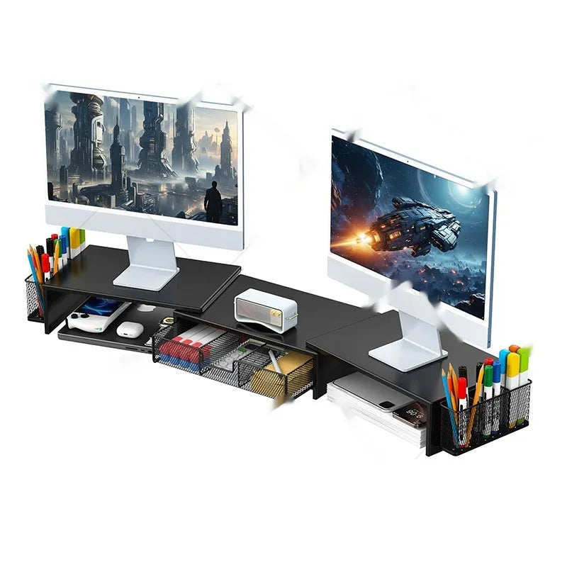 Double-station carbon steel desktop monitor elevated rack with retractable width in wooden finish on a desk