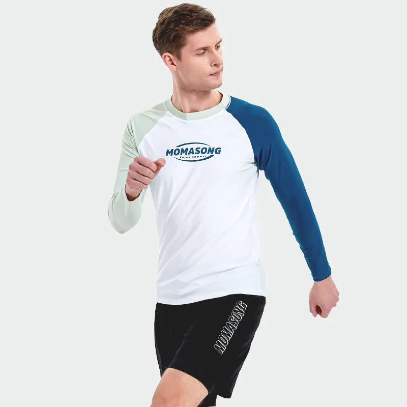 Men's long-sleeved white top swimsuit with matching trunks for outdoor water sports