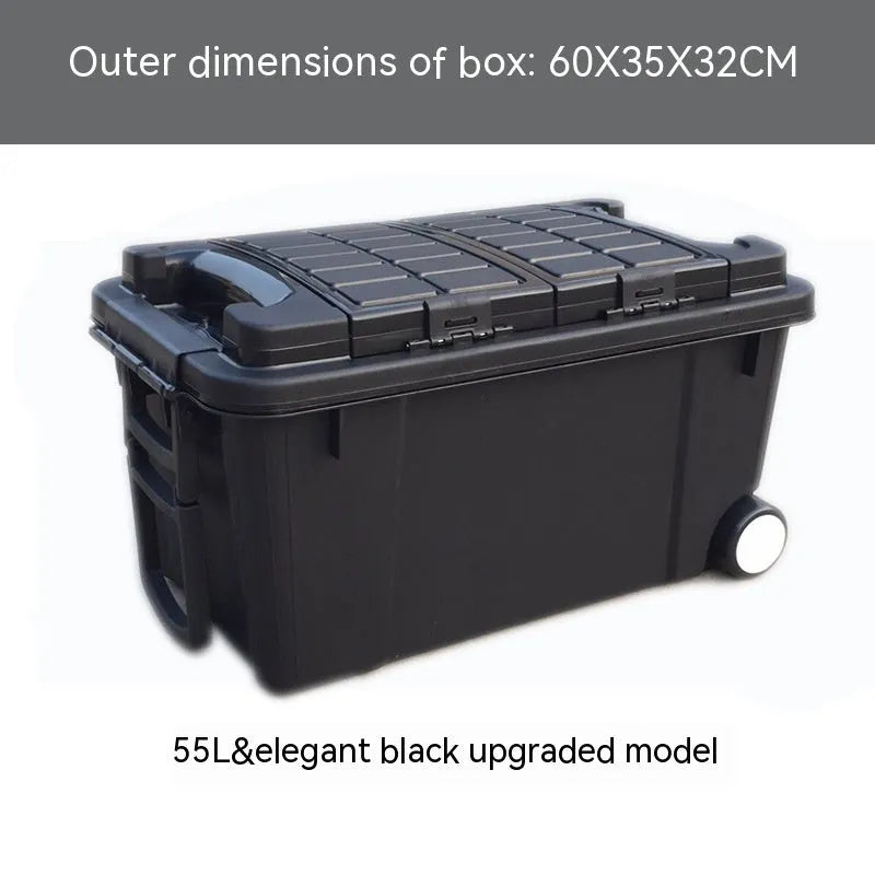 Large high-strength plastic storage box with trolley, 55L capacity, PP material, in upgraded sky blue