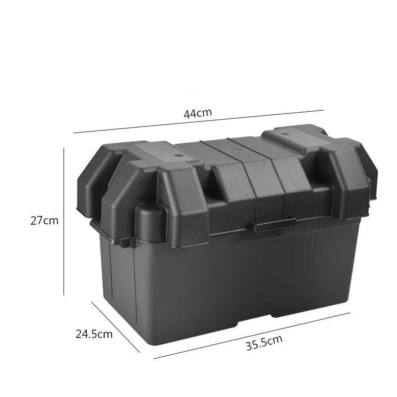 Battery storage box in black PP plastic with strap and base screw fixing, small size shown