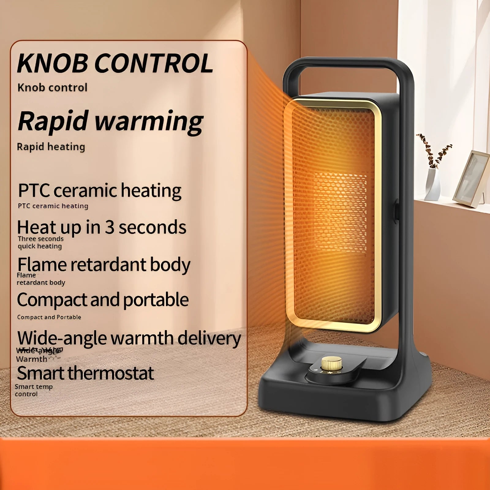 Black PTC ceramic desktop air heater with knob controls showing compact design