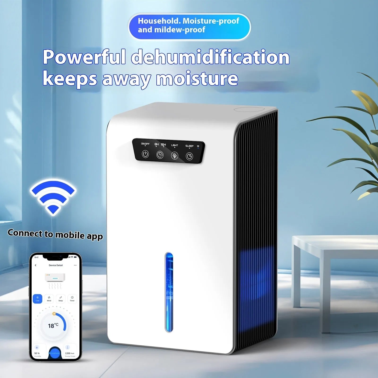 Milky white small household dehumidifier with reservoir for 10-20 square metre rooms