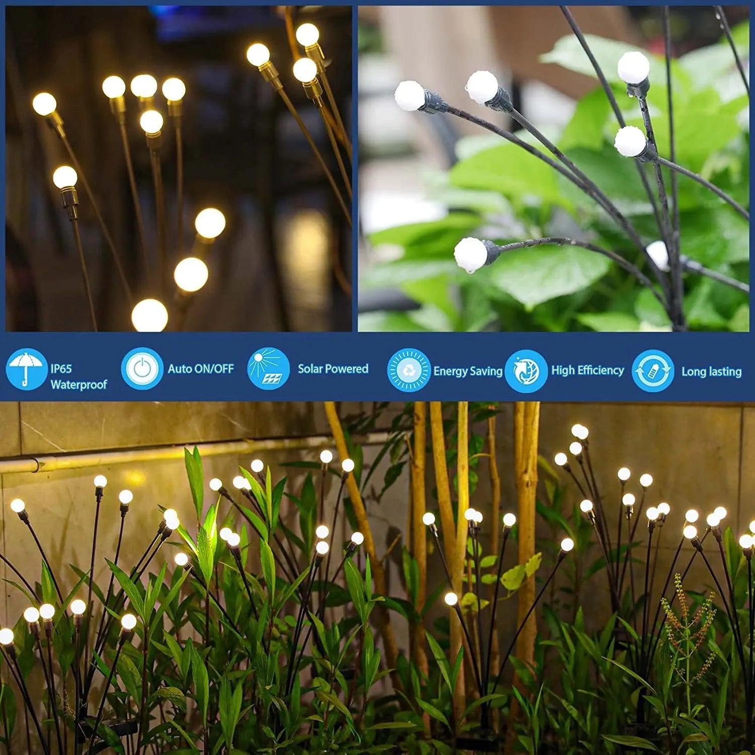 Set of solar-powered LED garden spike lights with multiple heads on stainless steel stakes for lawn or pathway.