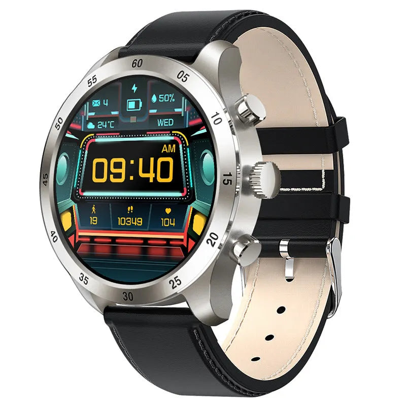 Black Bluetooth smartwatch with steel strap showing call interface and health metrics on screen.