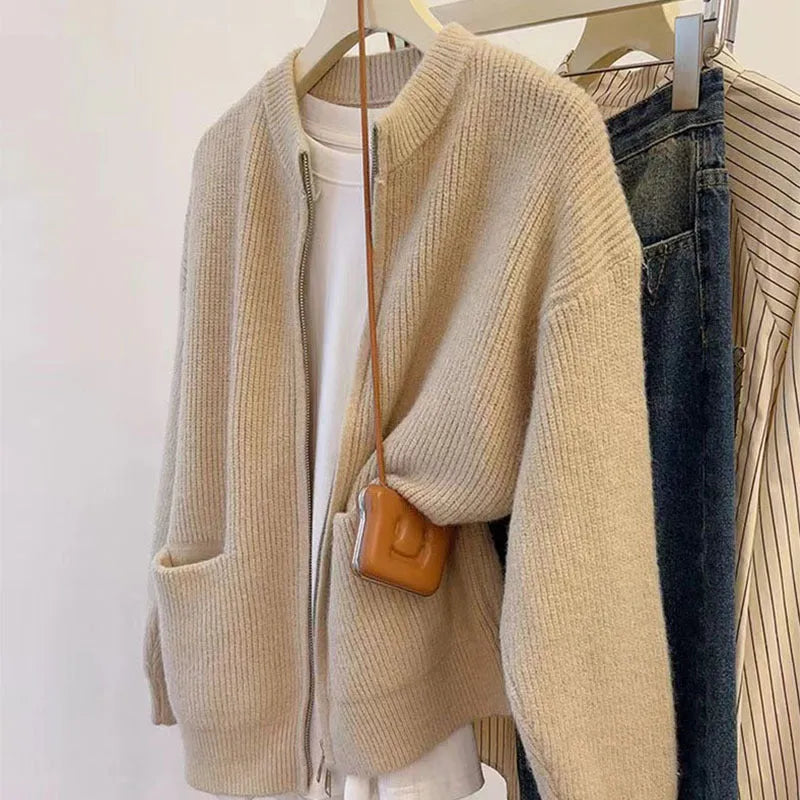 Soft wind glutinous sweater coat cardigan in viscose fibre available in beige, grey, black and khaki colours