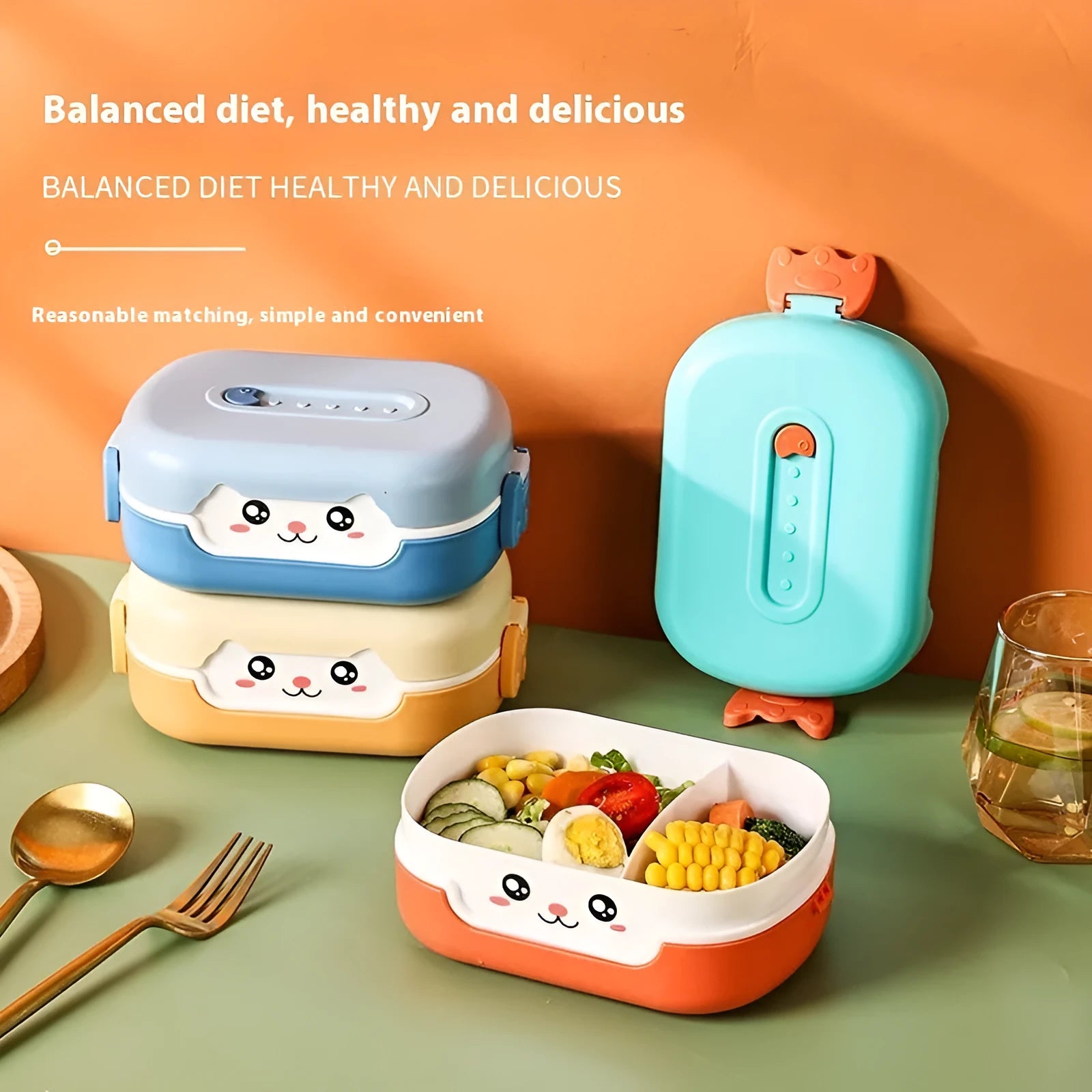 Square divided plastic lunch box in dark blue, orange yellow, or pink and green, shown with compartments.