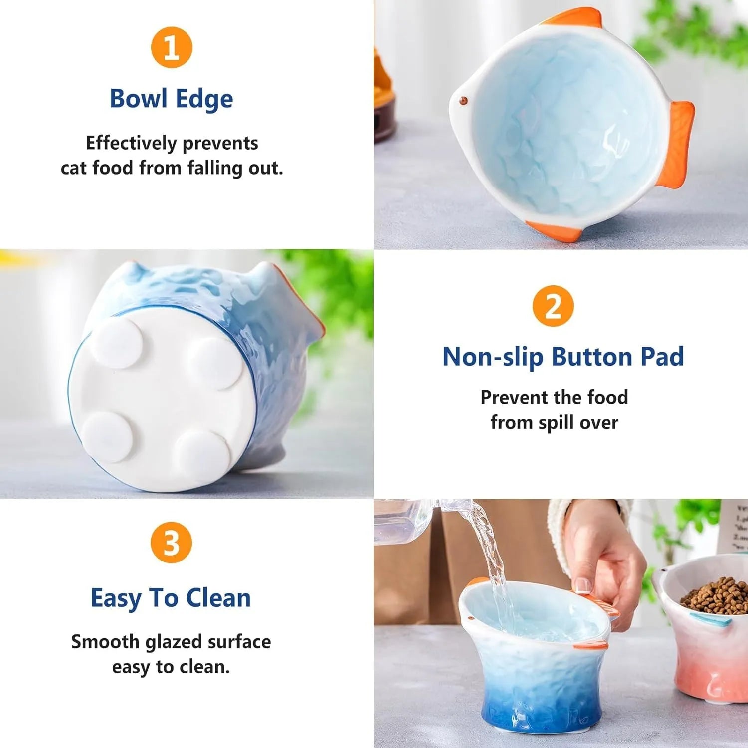 Blue ceramic fish-shaped cat feeder bowl with a tilted, elevated design on a non-slip base.