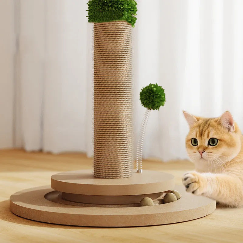 Vertical cat climbing frame with hemp rope scratching posts on a density plate base