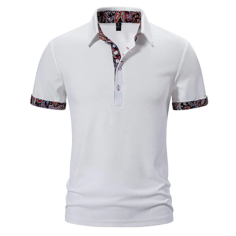 Men's navy blue polo shirt with white stitching on the turnover collar, short sleeves, and a regular fit.