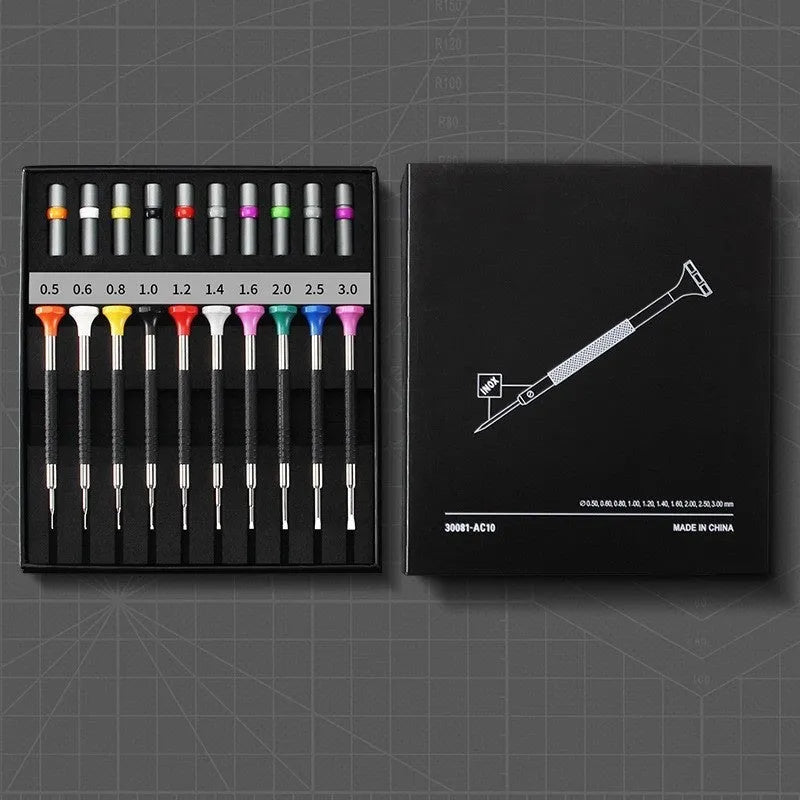 Watch repair tool set with precision manual screwdrivers, including bolt driver and five head styles for clock and telecom repair