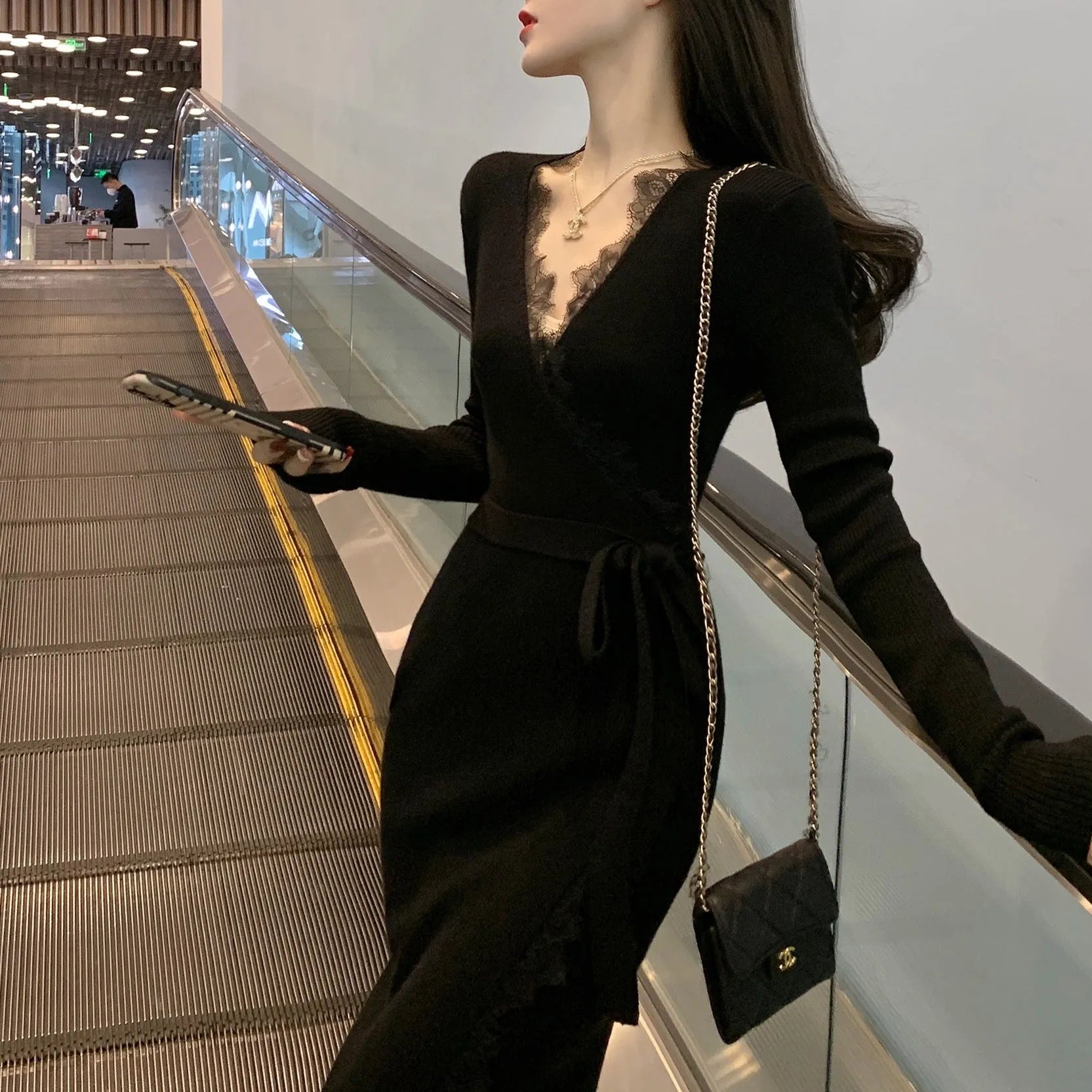 Black slim fit women's woolen skirt in princess dress style with solid colour design