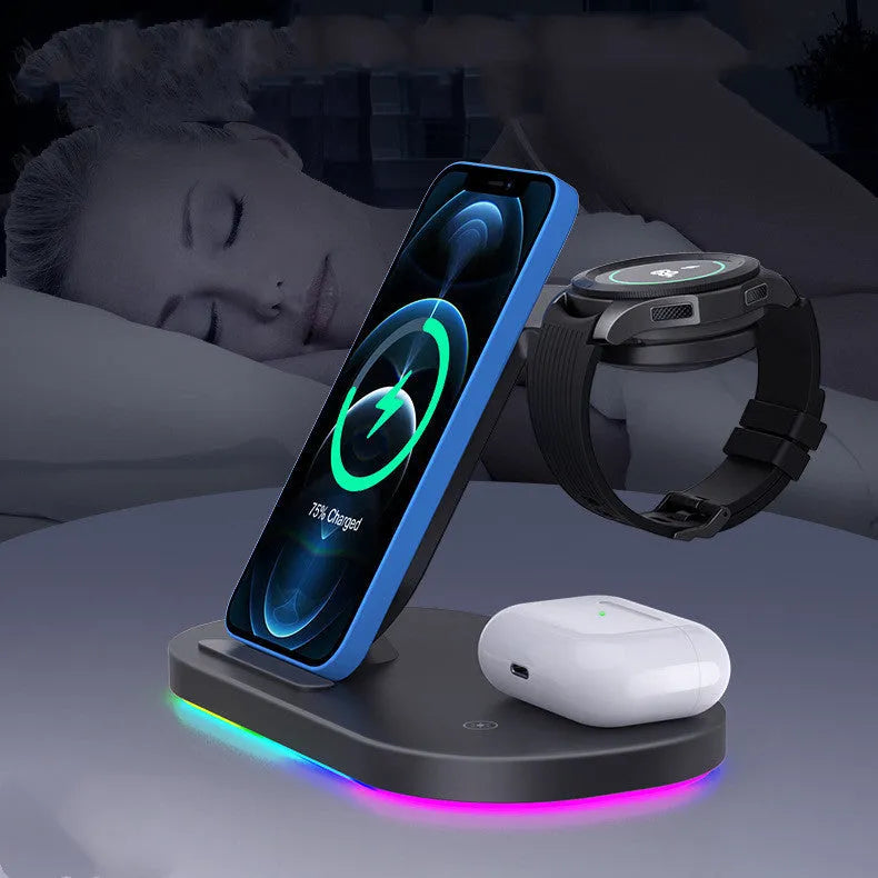 Three-in-one fast wireless charger for phone watch and headphones in ice crystal white ABS plastic
