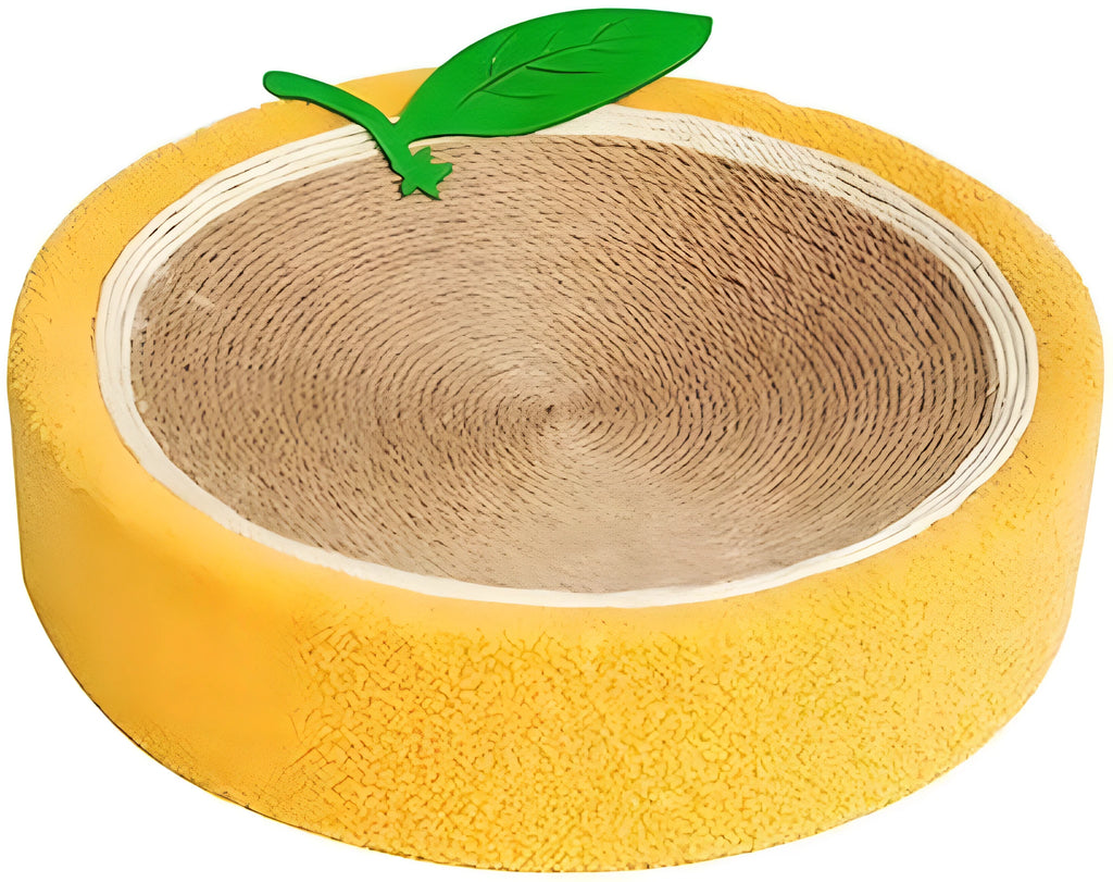 Yellow round sisal cat scratching board with integrated bed for small cat breeds