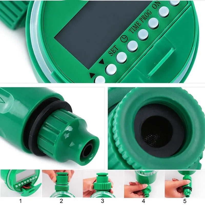 Green automatic watering timer for drip irrigation, household water flow, compact outdoor design