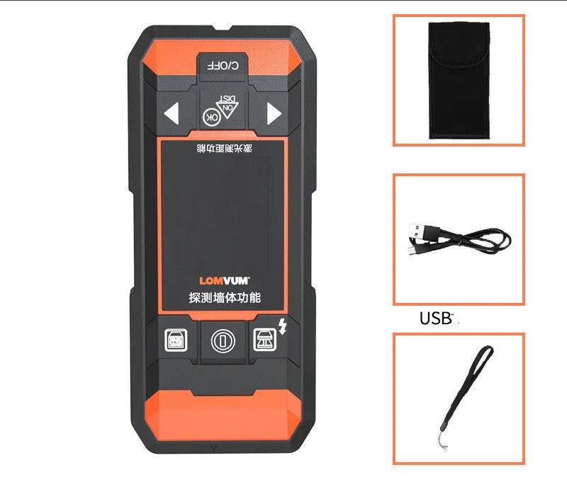 Handheld multifunctional wall detector with display for locating metal, wires, and wood.