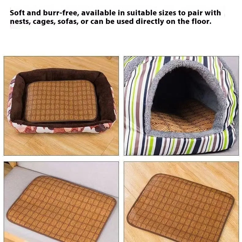 Brown rattan fibre dog cooling mat in raised woven design