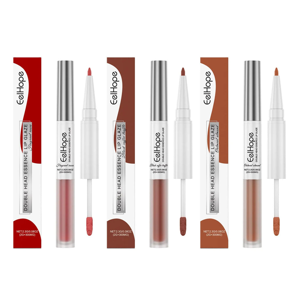 Double-headed lip liner and lip lacquer pen lipstick in twist-up packaging.