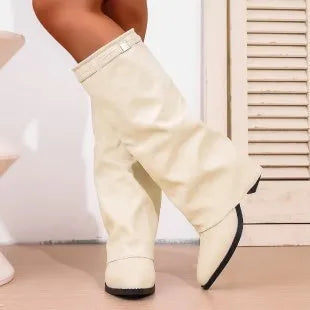 Men's pointed toe high tube pants boots with pleated chunky heel sleeve in black