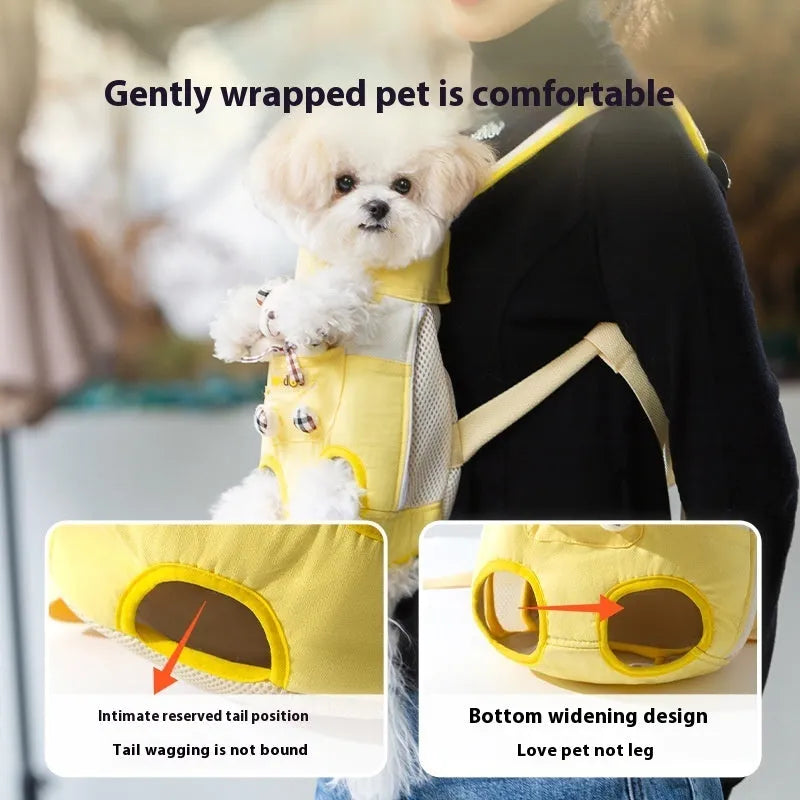 Cartoon pet bag for cats in soft canvas with adjustable ribbon straps and colourful stitching